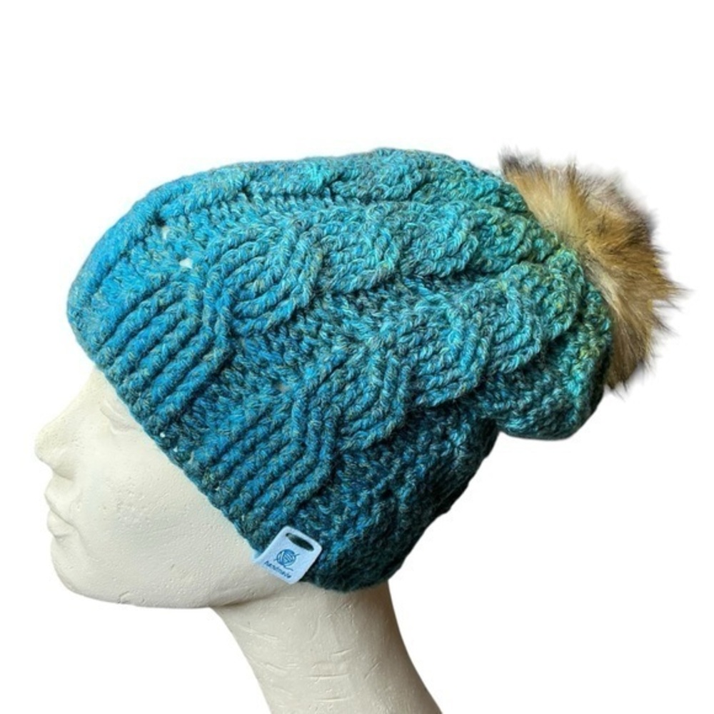 Cable Knit Crochet Beanie Hat Handcrafted With Faux Fur Pom Handmade Blue Green